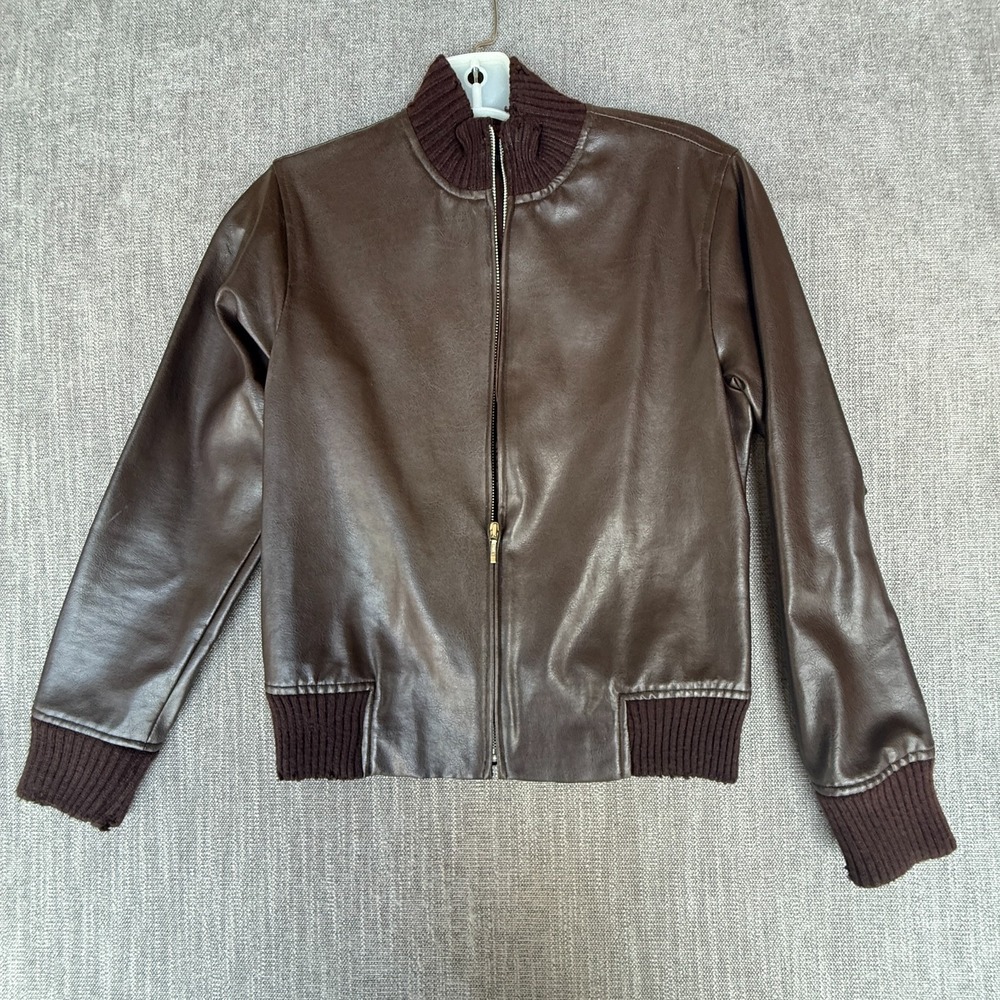 Vintage Mphasis Faux Leather Bomber Jacket Womens M Brown Ribbed Collar Full Zip